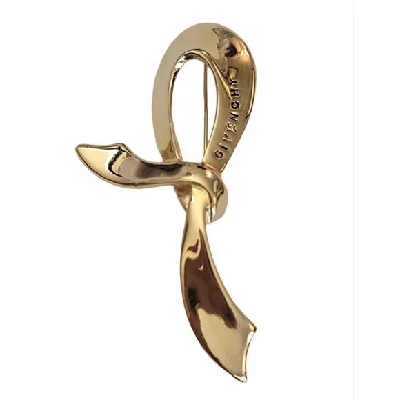 Givenchy Gold-Tone Signature Ribbon Pin Brooch, Signed K254